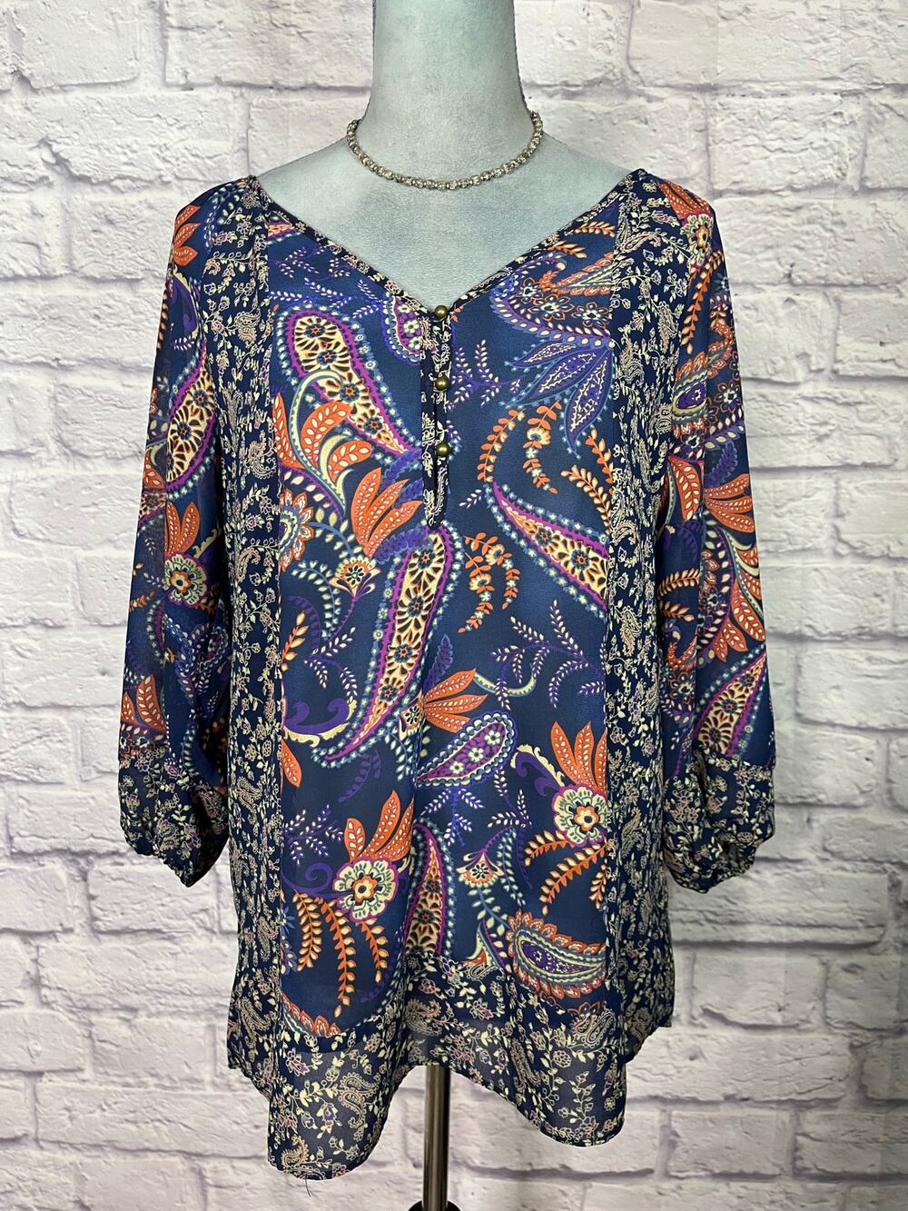 Chaps Semi-sheer Patchwork Boho Tunic Blouse